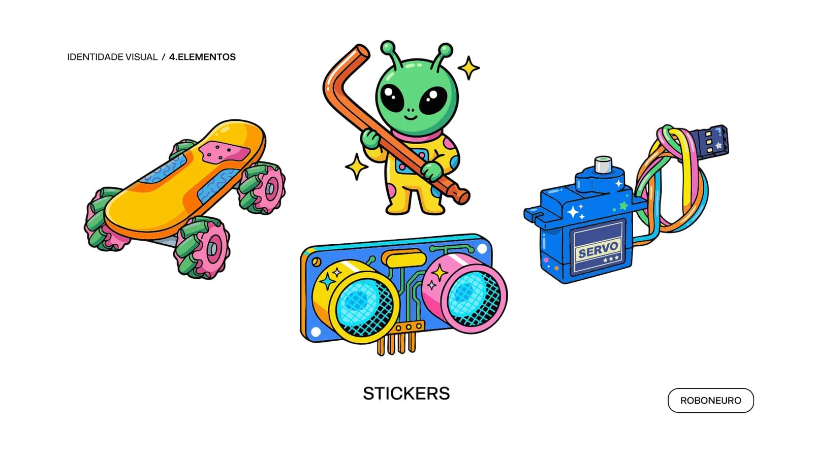 Stickers: patins, alienígena, rádio e servo motor